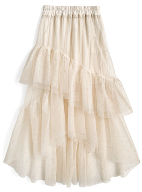 ラインストーンチュールティアードロングスカート