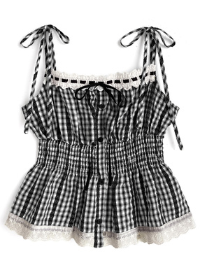 ギンガムチェック柄レースリボンシャーリングキャミソールトップス