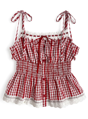 ギンガムチェック柄レースリボンシャーリングキャミソールトップス