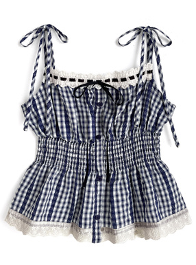 ギンガムチェック柄レースリボンシャーリングキャミソールトップス