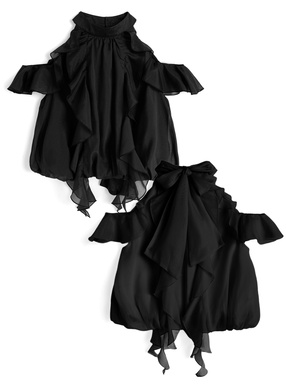 ショルダーオープンアメスリフリルリボンラメシアーブラウス