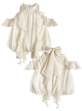 ショルダーオープンアメスリフリルリボンラメシアーブラウス