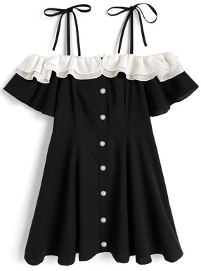 ショルダーリボンオフショルフリルミニワンピース