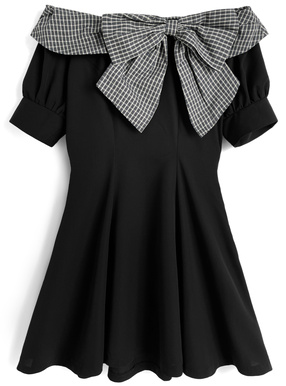 チェック柄リボンオフショルダーミニワンピース