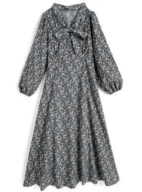 リボンタイ付き花柄ロングワンピース