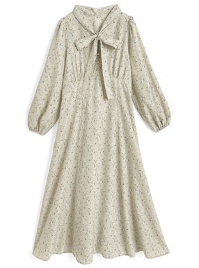 リボンタイ付き花柄ロングワンピース