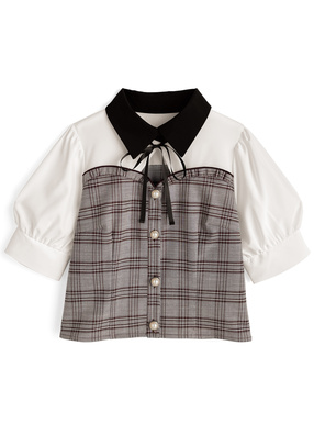 リボンタイ付きチェック柄ドッキングブラウス