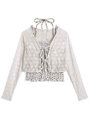 カップ付き小花柄ホルターネックキャミソール×シアーカーディガンアンサンブル