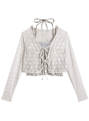 カップ付き小花柄ホルターネックキャミソール×シアーカーディガンアンサンブル