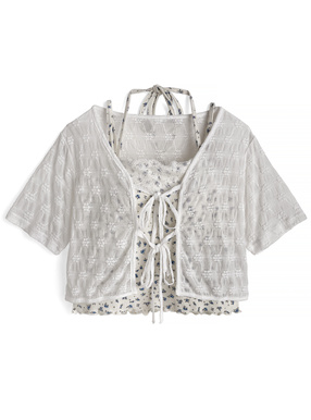 カップ付き小花柄キャミソール×シアーリボンカーディガンアンサンブル