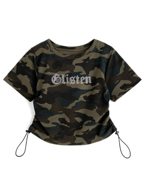 カモフラージュ柄ラインストーンロゴドロストトップス