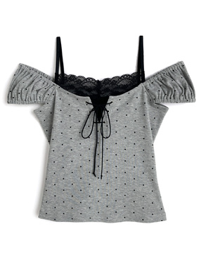 ドット柄レースレイヤード風オフショルダートップス