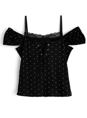 ドット柄レースレイヤード風オフショルダートップス