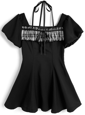 チェック柄フリルホルターネックフレアミニワンピース
