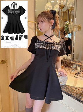 チェック柄フリルホルターネックフレアミニワンピース