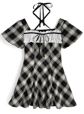 チェック柄フリルクロスネックフレアミニワンピース