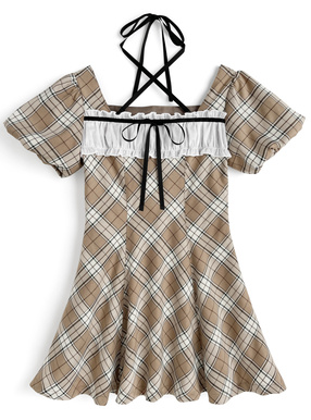 チェック柄フリルクロスネックフレアミニワンピース