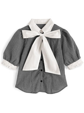 ボウタイ付きギンガムチェック柄ブラウス