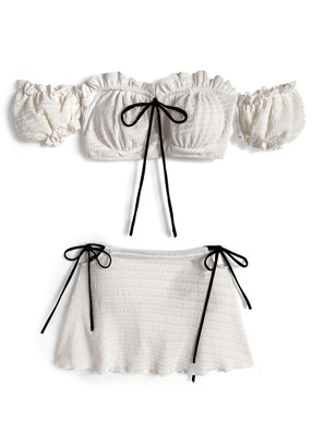 スカート付き配色リボンオフショルダーフリルビキニ水着