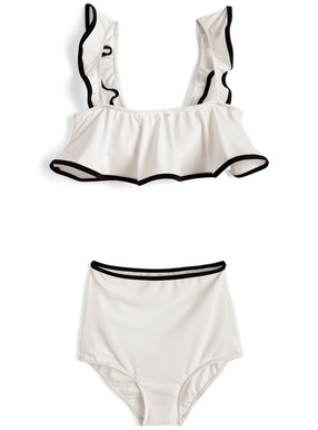 配色パイピングフリルハイウエストビキニ水着