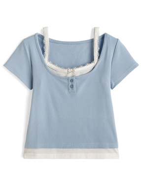 キャミソールレイヤード風ヘンリーネックリブトップス