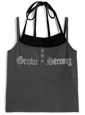 カップ付きレイヤード風ラインストーンロゴキャミソールトップス