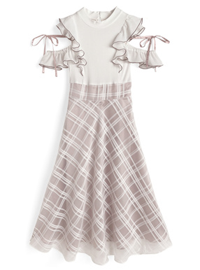 チェック柄ドッキングショルダーオープンフレアワンピース