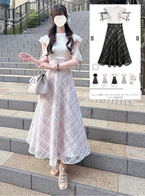 チェック柄ドッキングショルダーオープンフレアワンピース