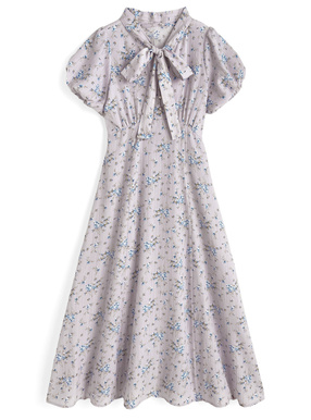 ボウタイ付き花柄ロングワンピース