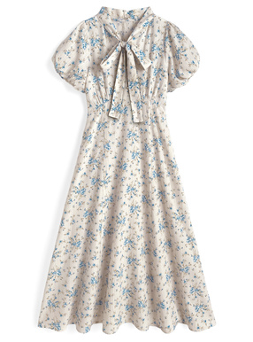 ボウタイ付き花柄ロングワンピース