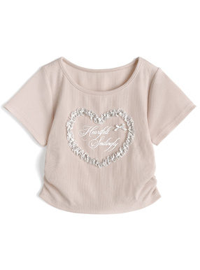 レースハートロゴサイドギャザーリブトップス