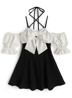 ストラップ付きビッグリボンオフショルダーミニワンピース