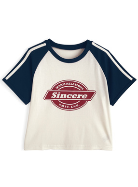 配色ラグランロゴプリントリブTシャツ