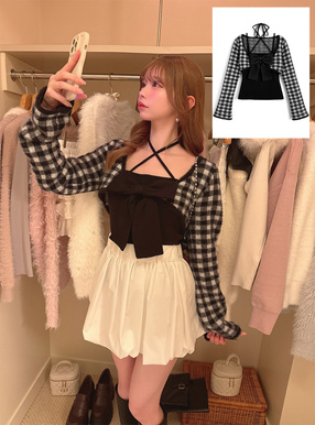 チェック柄シャギーボレロ×クロスネックリボンキャミソールニットアンサンブル