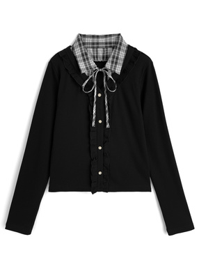 チェック柄シャツレイヤード風リボンフリルリブトップス