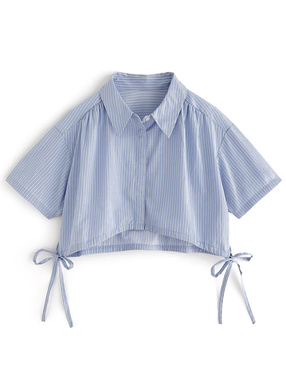 ストライプ柄ドロストリボンショート丈シャツ