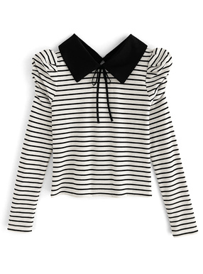 ボーダー柄襟付きパワショルトップス