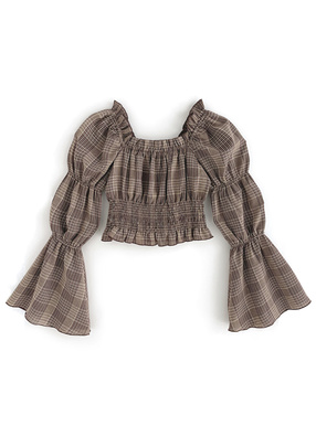 2Wayチェック柄ギャザースリーブショート丈トップス