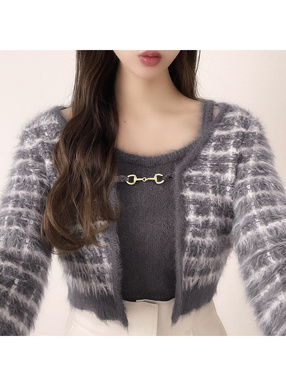 ビットチェックトップス×キャミソールフェザーニットアンサンブル