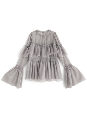 ラメチュールフリルペプラムトップス