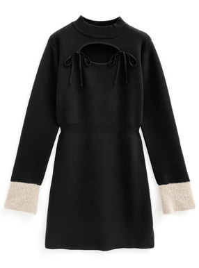 フロントオープンリボンフェザーニットミニワンピース