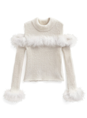 ファーショルダーオープンフェザーニットトップス