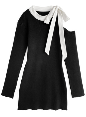 ワンショルダーリボンニットミニワンピース