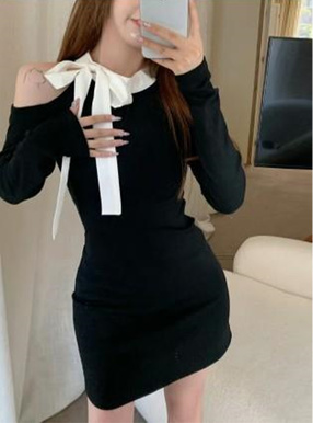 ワンショルダーリボンニットミニワンピース