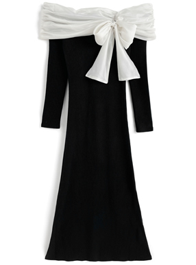 オーガンジーリボンオフショルダーニットワンピース