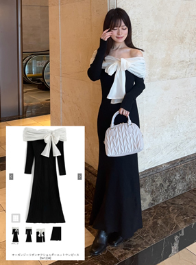 オーガンジーリボンオフショルダーニットワンピース