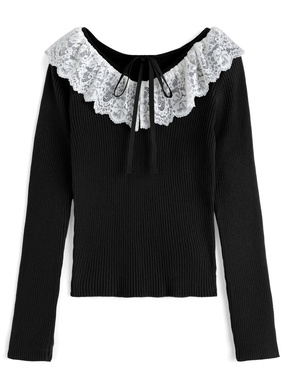 レースリボンVネックリブニットトップス