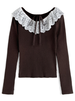 レースリボンVネックリブニットトップス