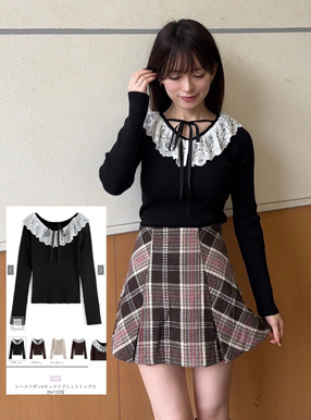 レースリボンVネックリブニットトップス