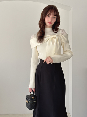 ショルダーチュールリボンニットトップス